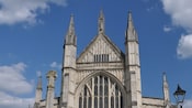 The entrance of Winchester Cathedral, a gothic cathedral in Hampshire, England