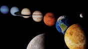 A row of the 8 planets in our solar system with Earth’s moon in the distance