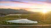 The sun setting over a vineyard on Hermitage Road, Pokolbin in the Hunter Valley