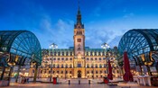 The grand City Hall building in Hamburg, Germany illuminated at twilight 