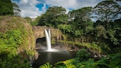 A waterfall pouring into a lush lagoon