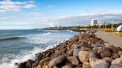 New Plymouth Coastal Walkway with the Wind Wand sculpture in New Zealand