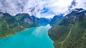 A fjord winding between steep, forested mountains