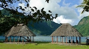 2 straw huts in a tropical setting