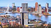 The Rotterdam skyline featuring the waterfront and the Erasmus Bridge