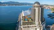 The Pan Pacific Hotel Vancouver and the waterfront of Coal Harbour in Vancouver, British Columbia