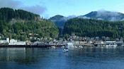The coastal town of Ketchikan surrounded by forested hills with buildings, moored boats and sea planes in the water