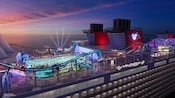 An artist rendering of Marvel Landing on the top deck of the Disney Adventure