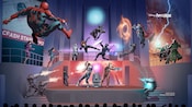 An artist rendering of the Avengers Assemble stage show on the Disney Adventure, featuring Marvel Super Heroes and Villains in combat