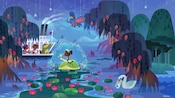 A mural featuring Princess Tiana and other characters from the Disney movie The Princess and the Frog in a bayou with Dumbo the elephant flying overhead