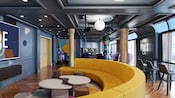 Inside Vibe on the Disney Wish, a teens-only lounge featuring a disco ball and vibrant décor and furniture.