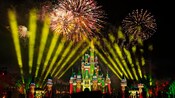 An artist concept drawing of a nighttime spectacular with fireworks and lasers over Cinderella Castle at Magic Kingdom park 