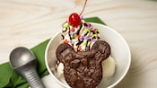 A Mickey Brownie Sundae from Hollywood Scoops topped with whipped cream, a cherry and a Mickey Mouse shaped brownie