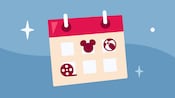 An illustration of a calendar featuring squares filled with icons of Mickey Mouse, a beach ball and a movie reel representing ‘Recreation”