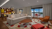 A sofa, coffee table, easy chairs and, beyond, a balcony with a Bay Lake view