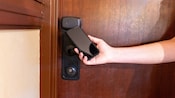 A hand holding a smartphone to a room door lock at Disney's Wilderness Lodge