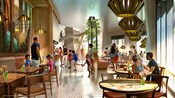 Familias cenando en un amplio restaurante en Disney Lakeside Lodge