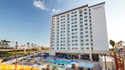 Anaheim Resort Suites hotel exterior with pool area featuring waterslides and striped umbrellas