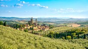 A picturesque Tuscan landscape featuring rolling hills, a historic village with towers and olive groves in Vinci, Italy
