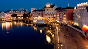 Disney's BoardWalk Inn and the surrounding BoardWalk area at night