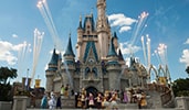 Disney Characters gathered in front of Cinderella Castle while fireworks burst in the sky

