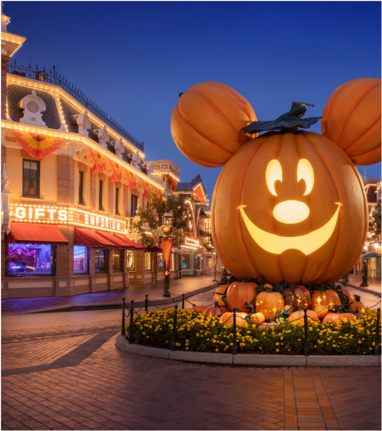A Giant Mickey Pumpkin on Main Street U.S.A., during Halloween Time at the Disneyland Resort.