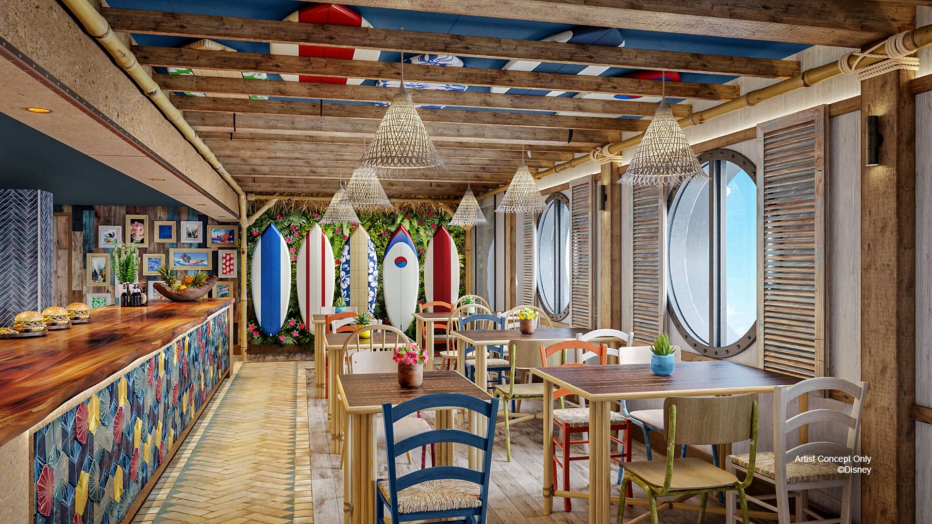 An artist rendering of Stitch’s Ohana Grill on the Disney Adventure, featuring Hawaiian and surfing decor