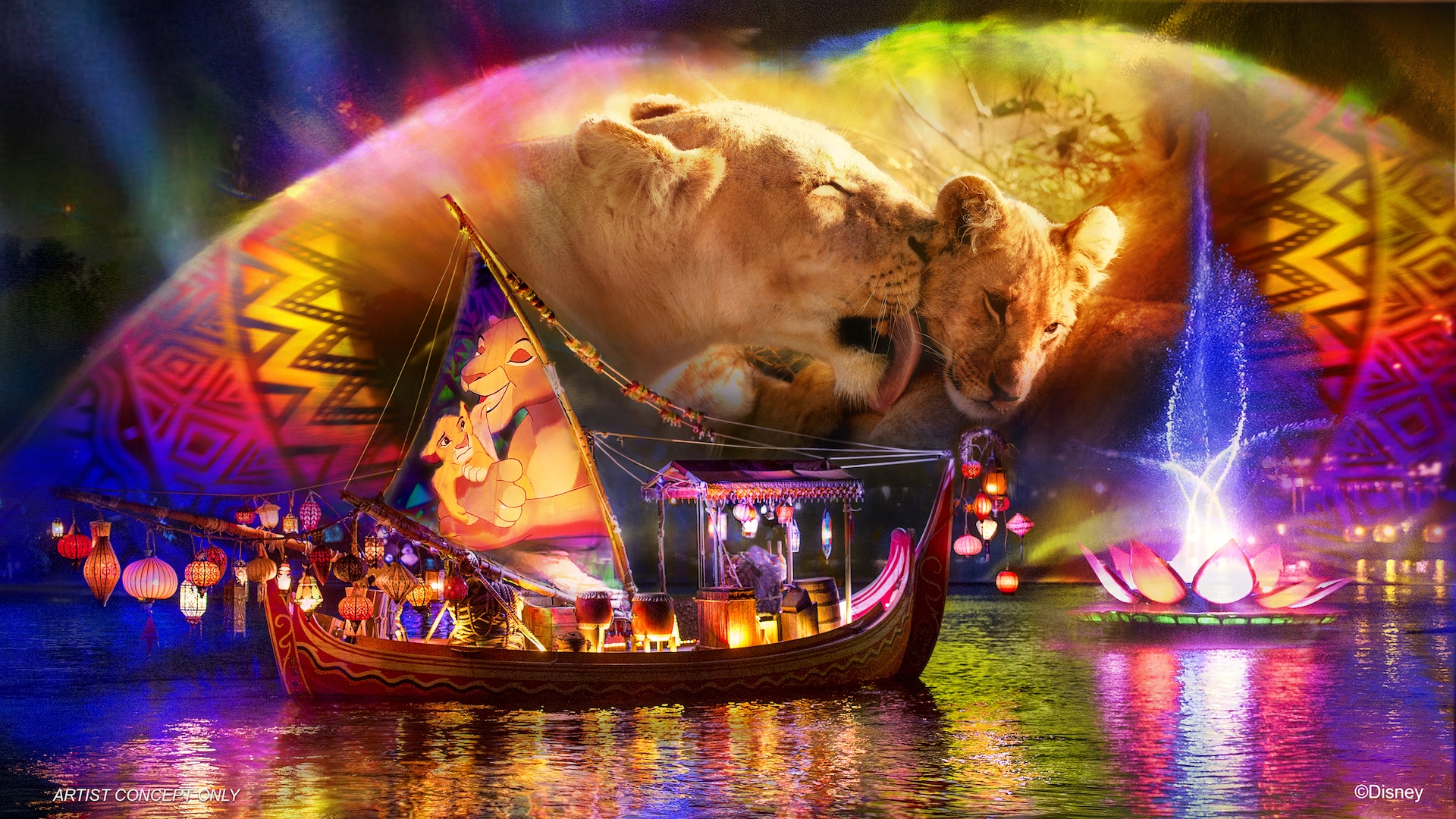 A boat adorned with lanterns sails across the water under a projection of a lioness and her cub