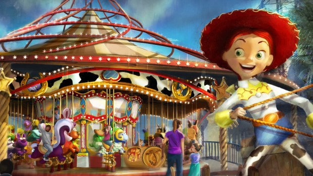 Jessie the Yodeling Cowgirl from Toy Story reels in a lasso in front of a carousel