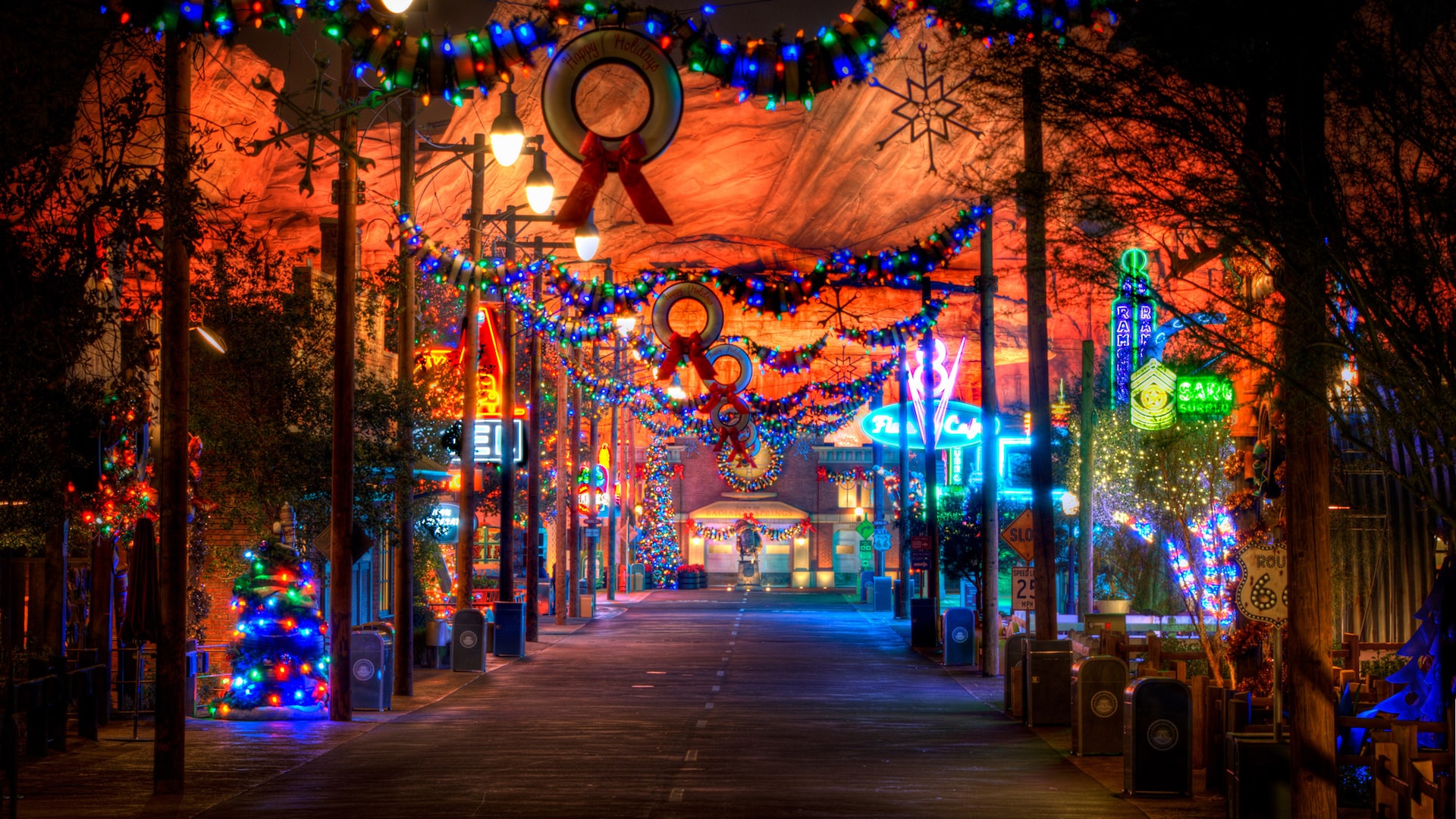 Radiator Spring Street in Cars land decorated for the holidays at Disney California Adventure Park