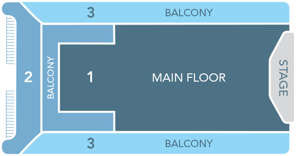 A seating chart for Hoop-Dee-Doo Musical Revue that shows Category 1 tables are nearest the stage, Category 2 tables are further back or along the theater walls or in the balcony facing the stage, and Category 3 tables are in the very back of the theater or in the balcony along the theater walls