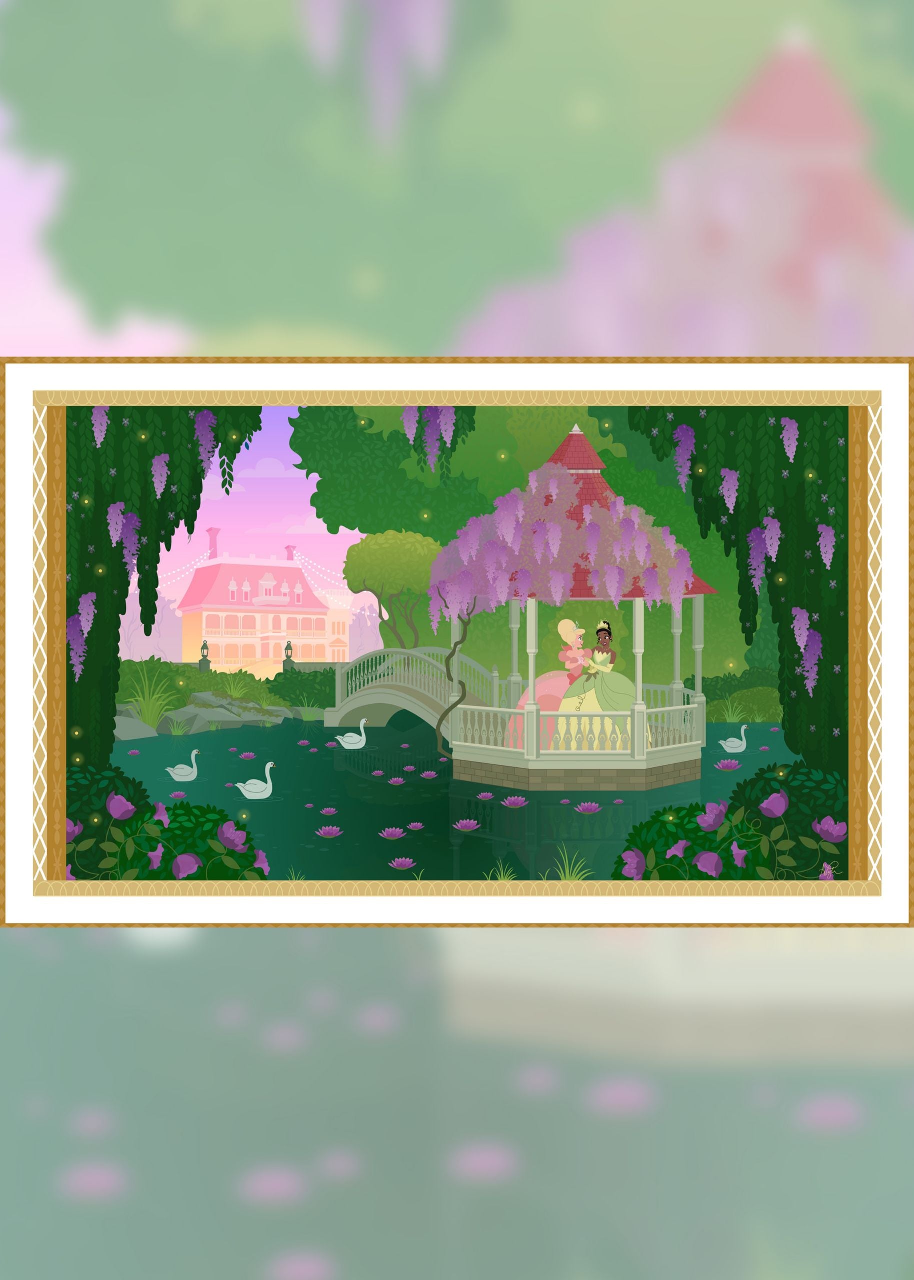 A piece of art depicts Tiana and Charlotte La Bouff from the Disney animated film The Princess and the Frog