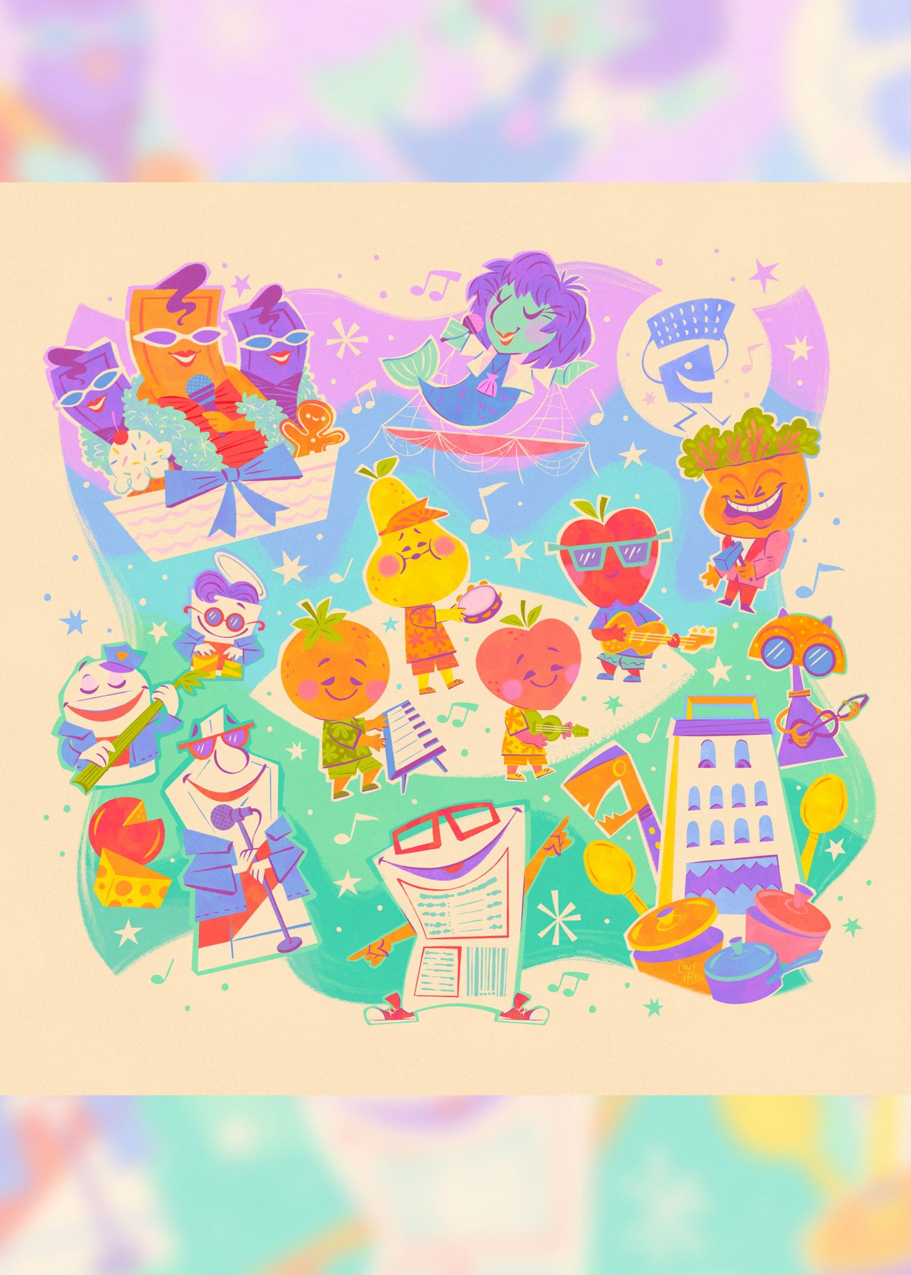 A piece of art depicts characters made of food playing music and celebrating