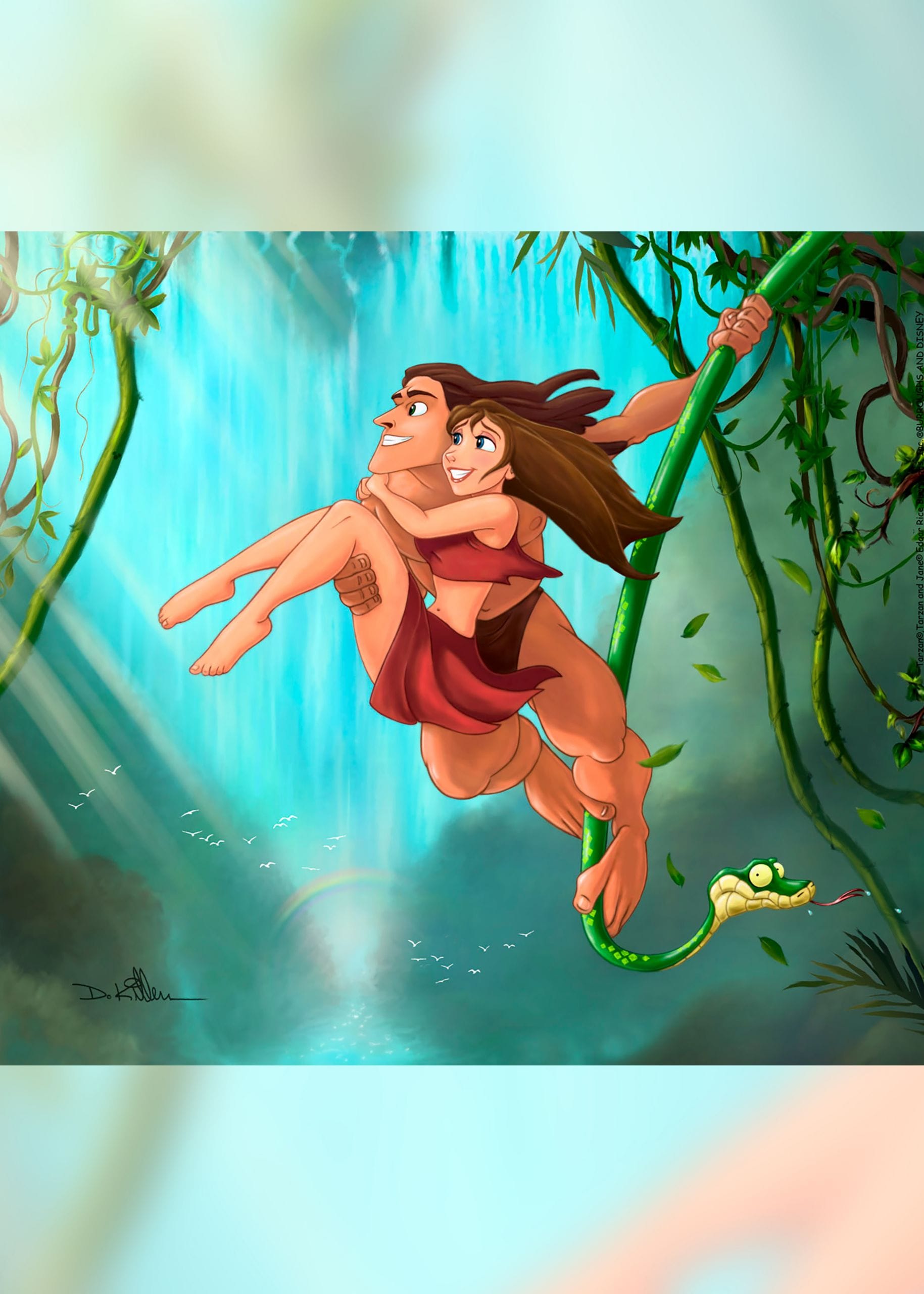 A piece of art shows Tarzan holding Jane as he swings through the jungle