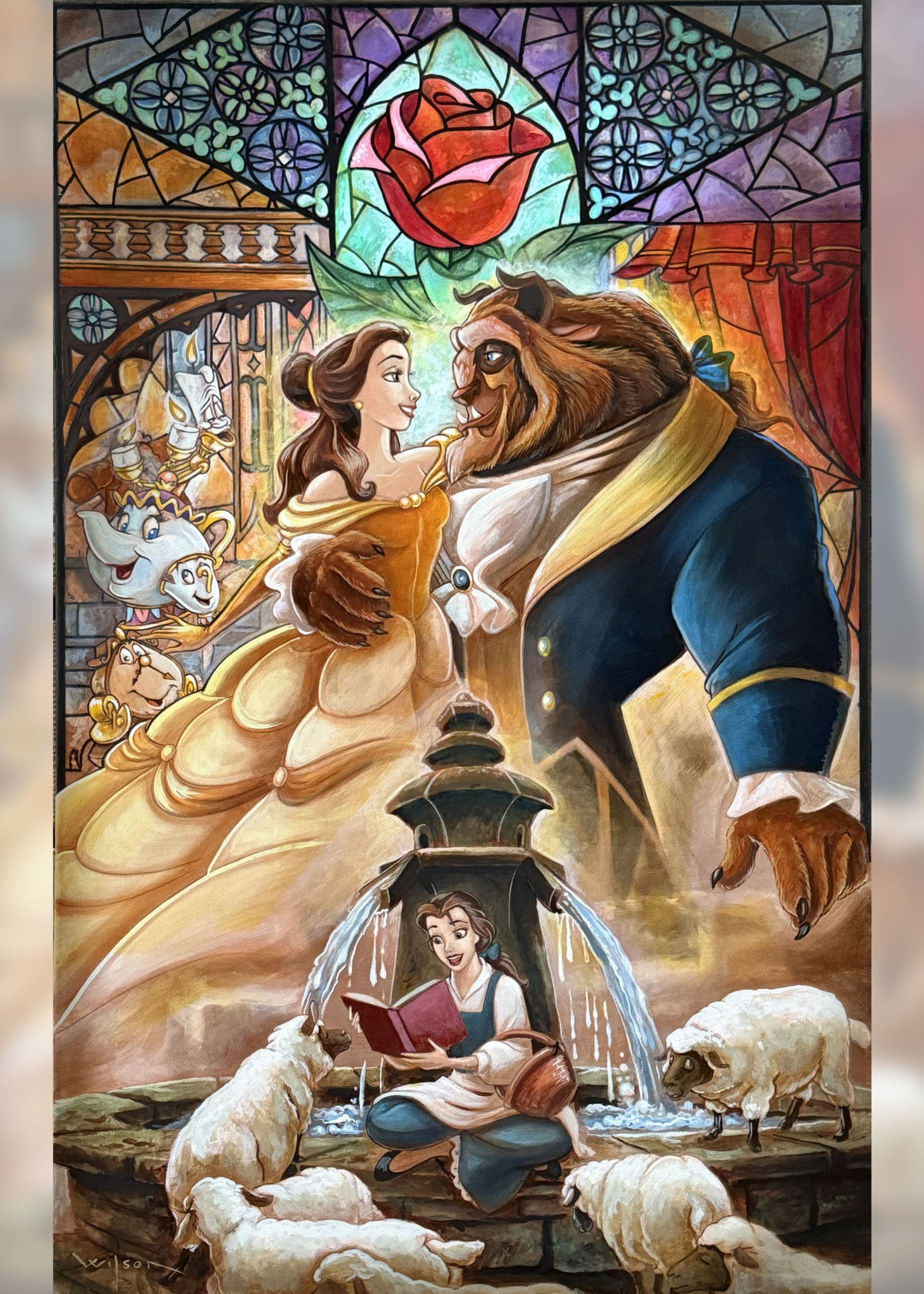 A piece of art shows Belle, the Beast, and other characters from the Disney animated film Beauty and the Beast