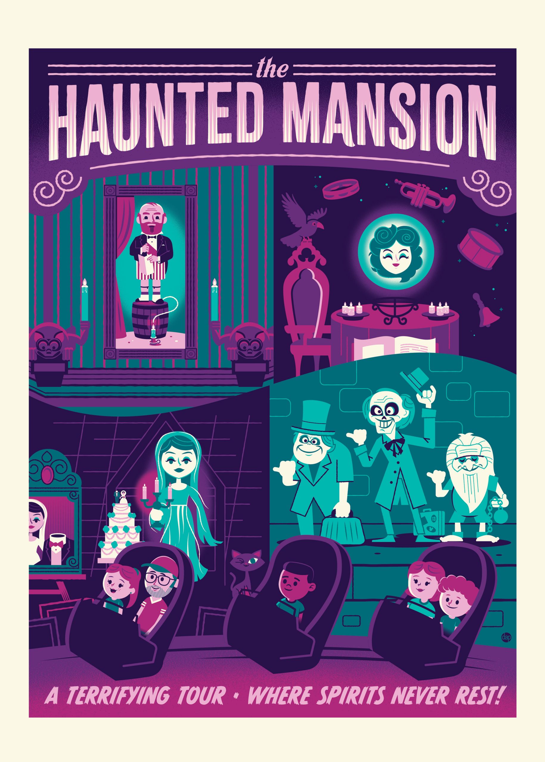 A piece of art depicts characters from The Haunted Mansion, including Madame Leota, the Bride and the hitchhiking ghosts