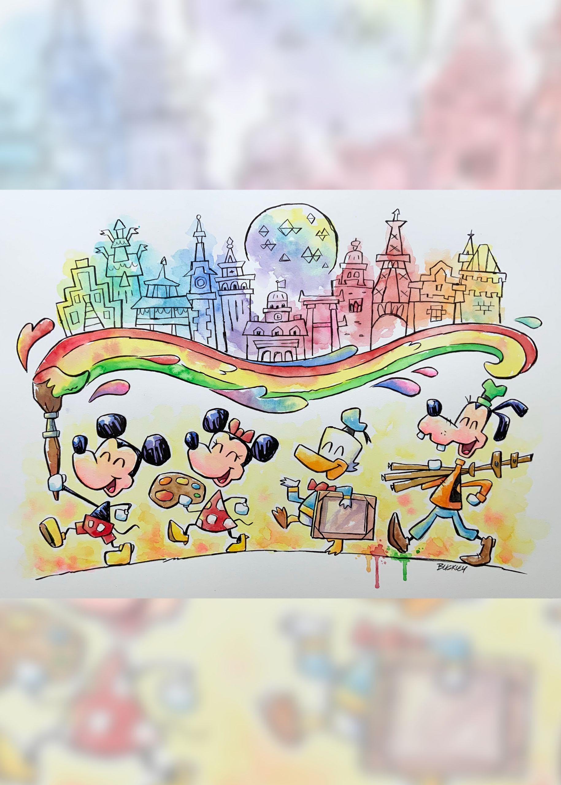 A piece of art depicts Mickey Mouse, Minnie Mouse, Donald Duck and Goofy parading with art supplies