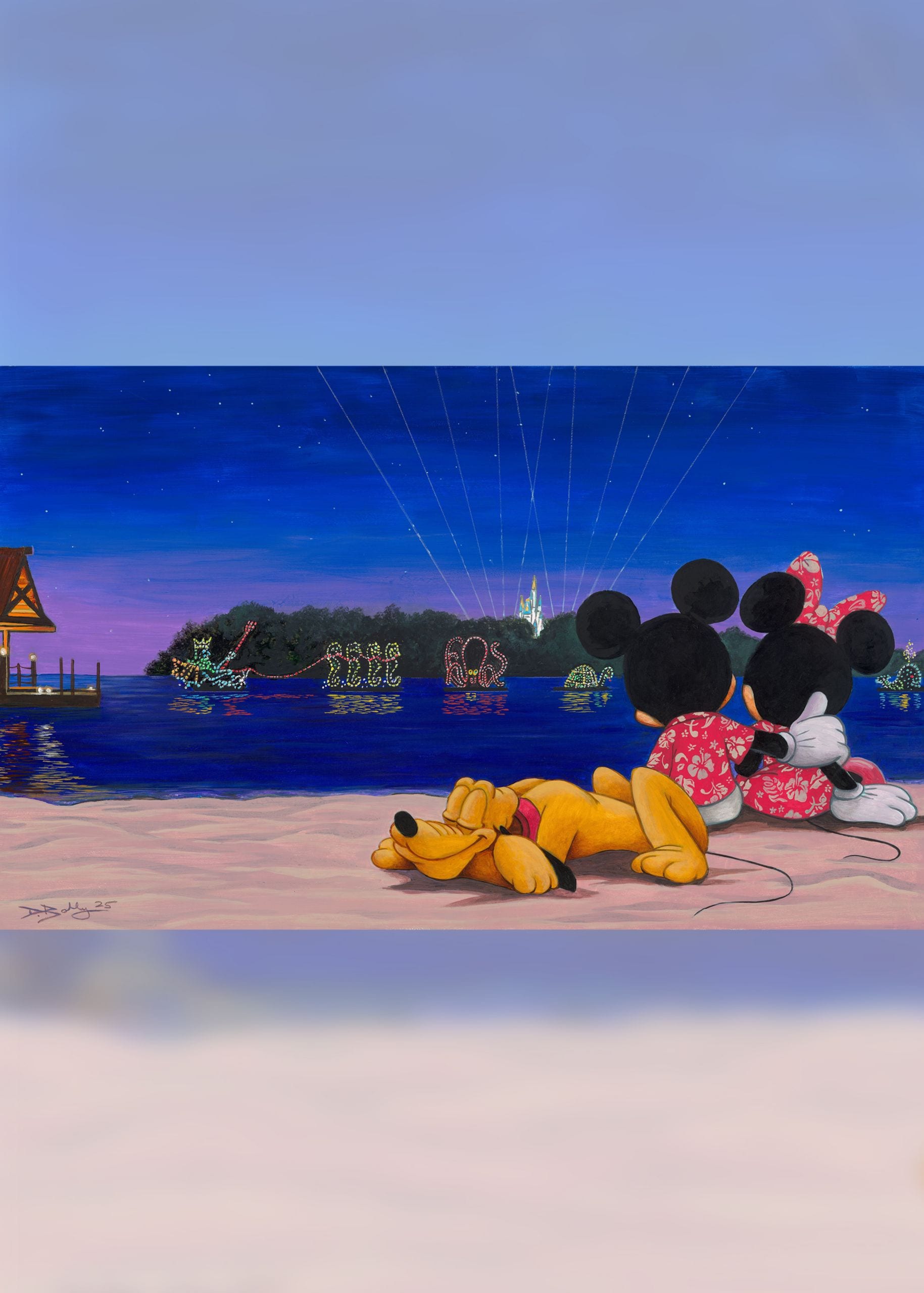 A piece of art depicts Mickey Mouse and Minnie Mouse watching a Disney light and water show as Pluto naps