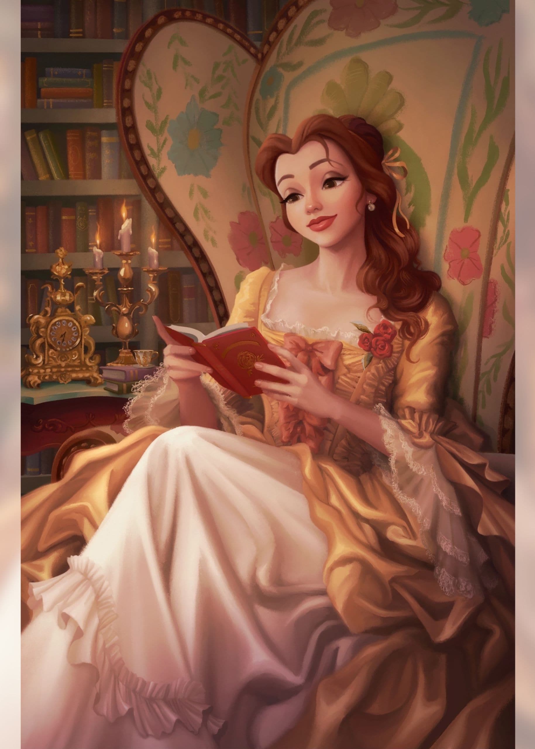 A piece of art depicts Belle in her castle library, reading a book by the candlelight from Lumiere