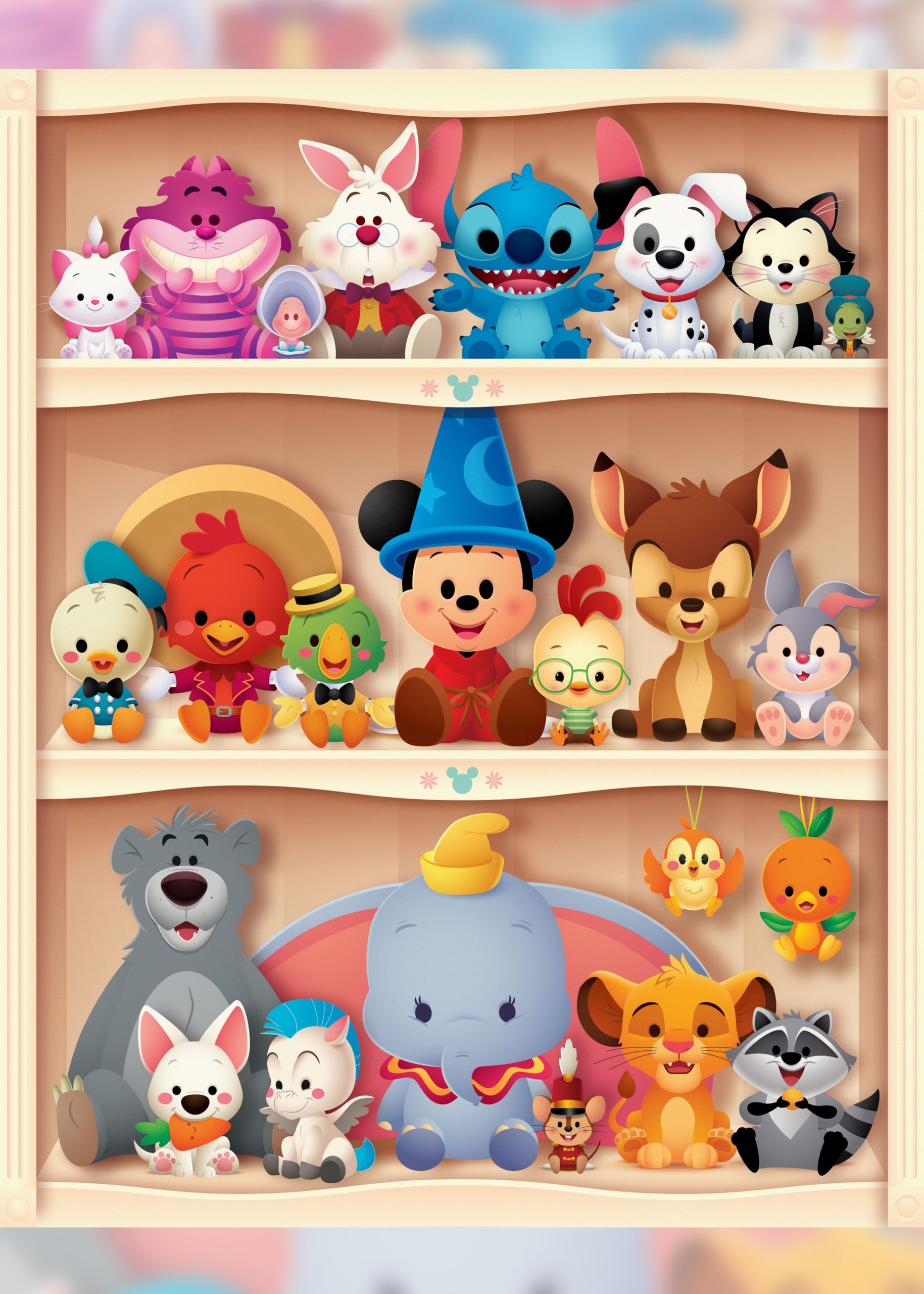 A piece of art depicts a decorative shelf unit filled with toys based on 24 Disney animal characters