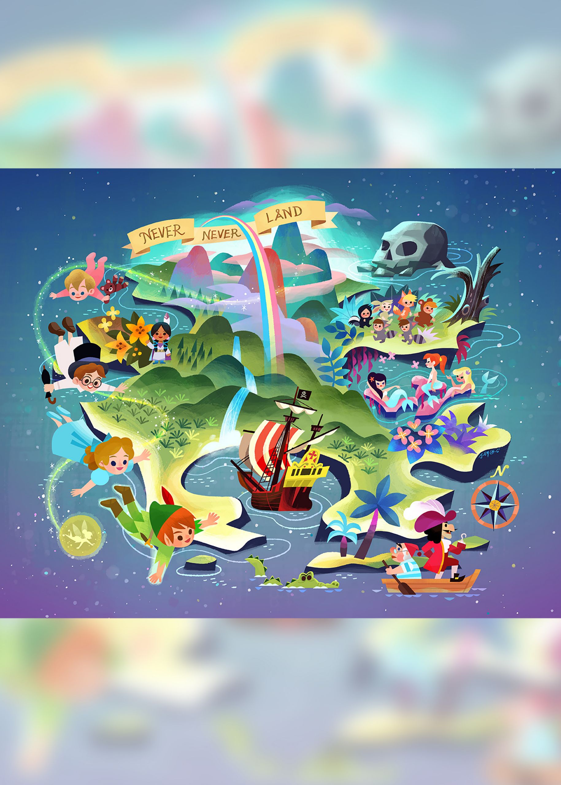 A piece of art depicts Peter Pan and his friends flying over Never Land