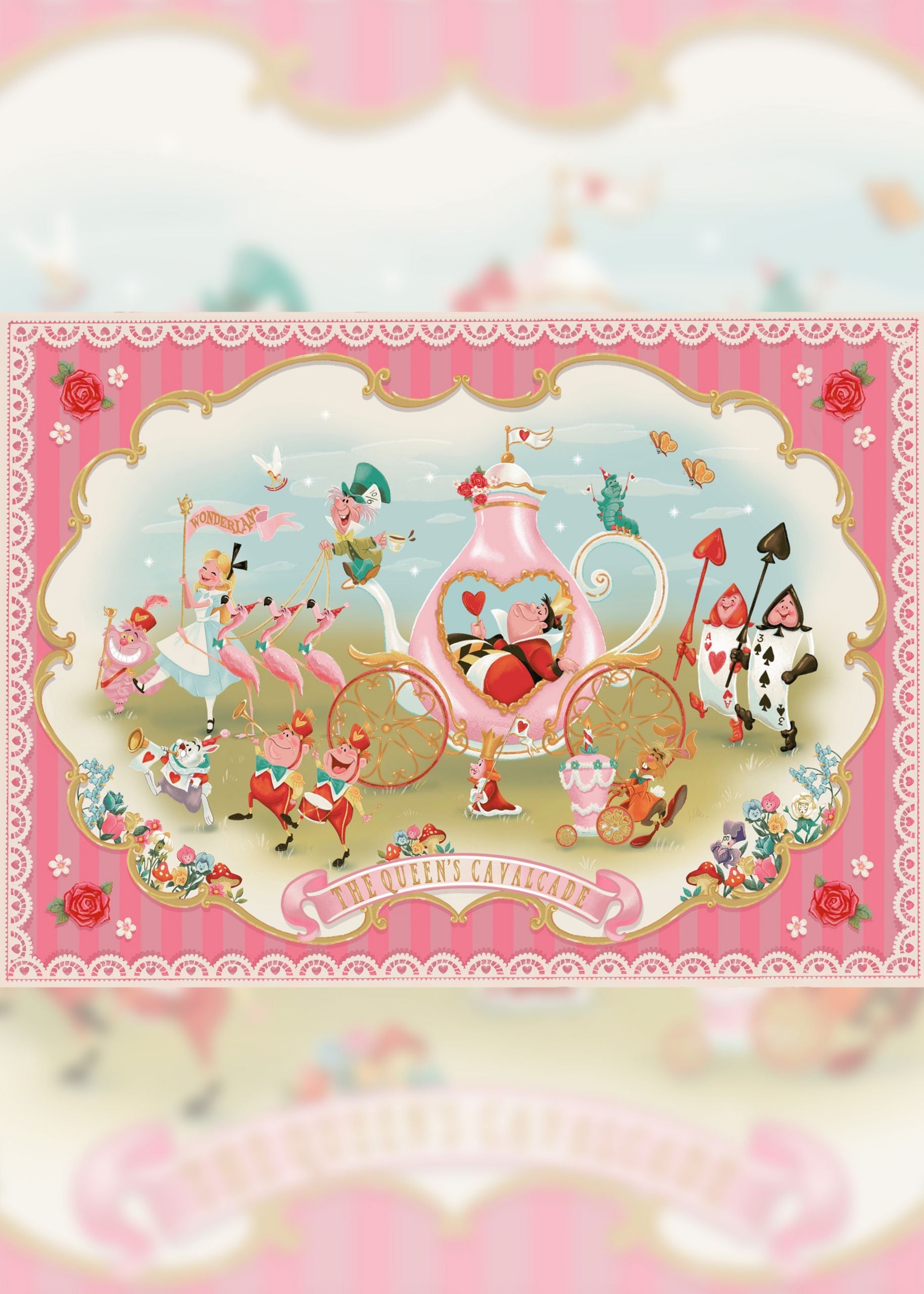 A piece of art depicts Alice and the Queen of Hearts and her court from the Disney animated film Alice in Wonderland