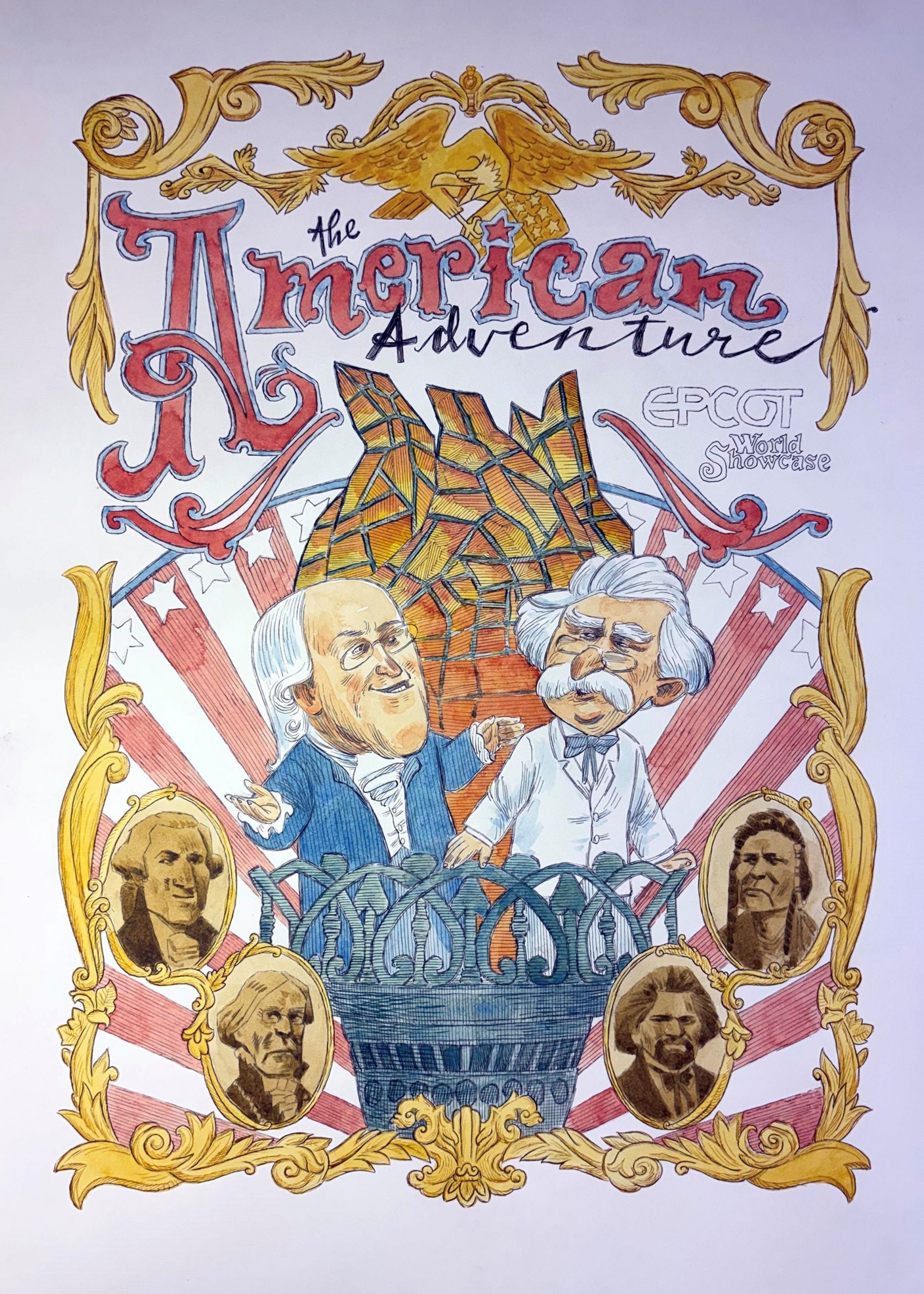 A piece of art depicts historical characters highlighted at The American Adventure at EPCOT