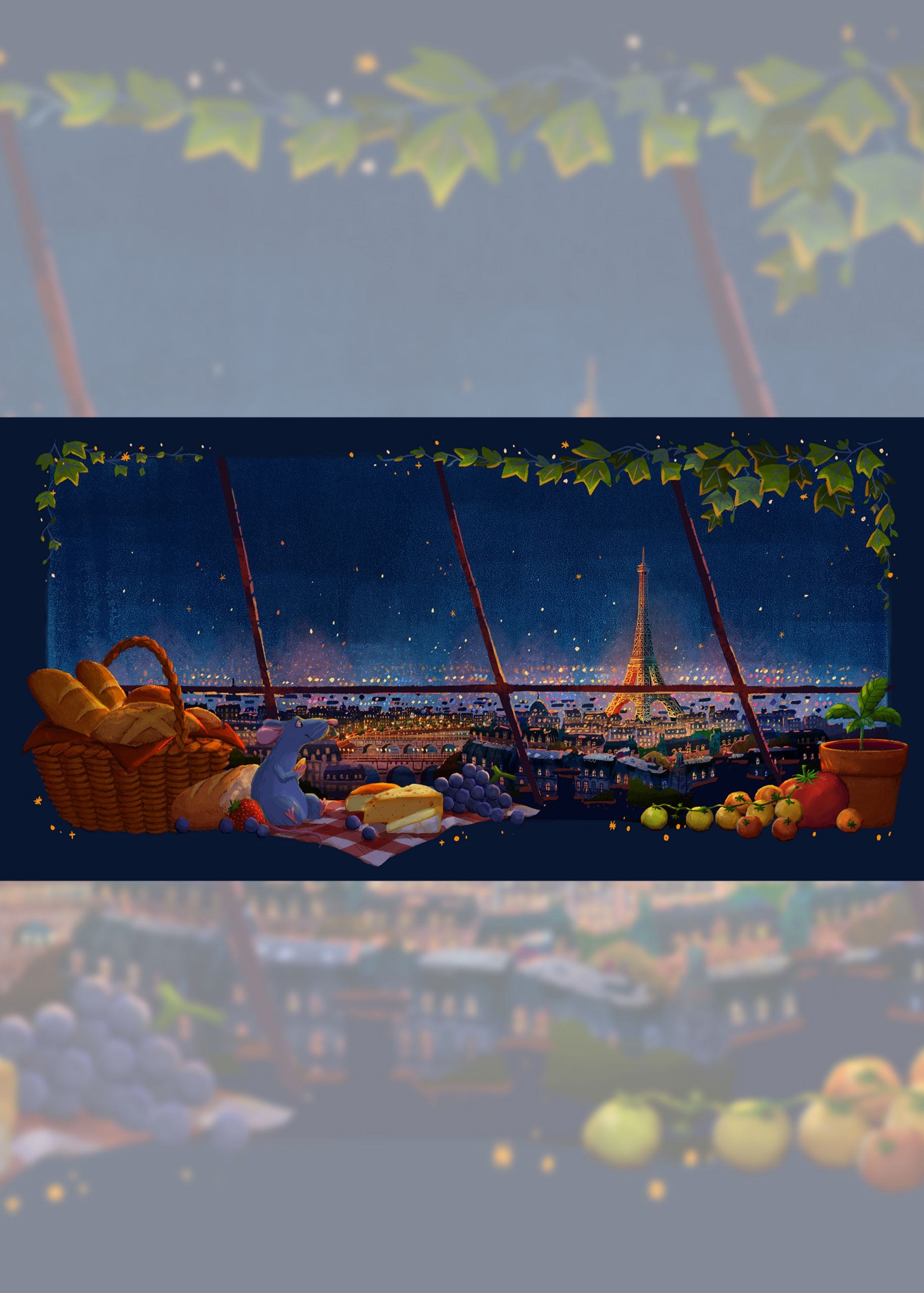 A piece of art depicts Remy from the Disney animated film Ratatouille, looking at the view of Paris at night