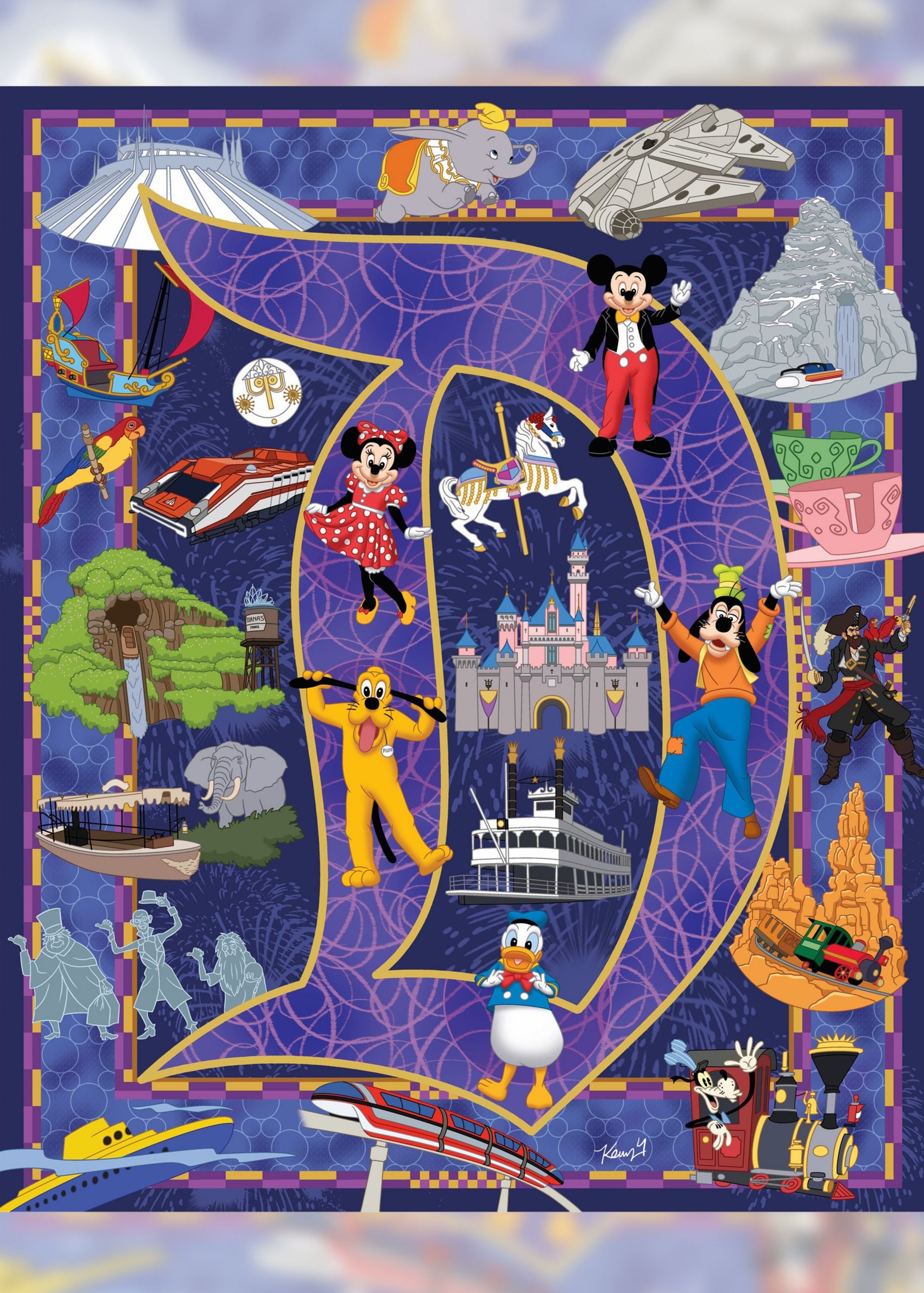 A piece of art depicts Disney Characters and scenes from attractions throughout Disneyland Park