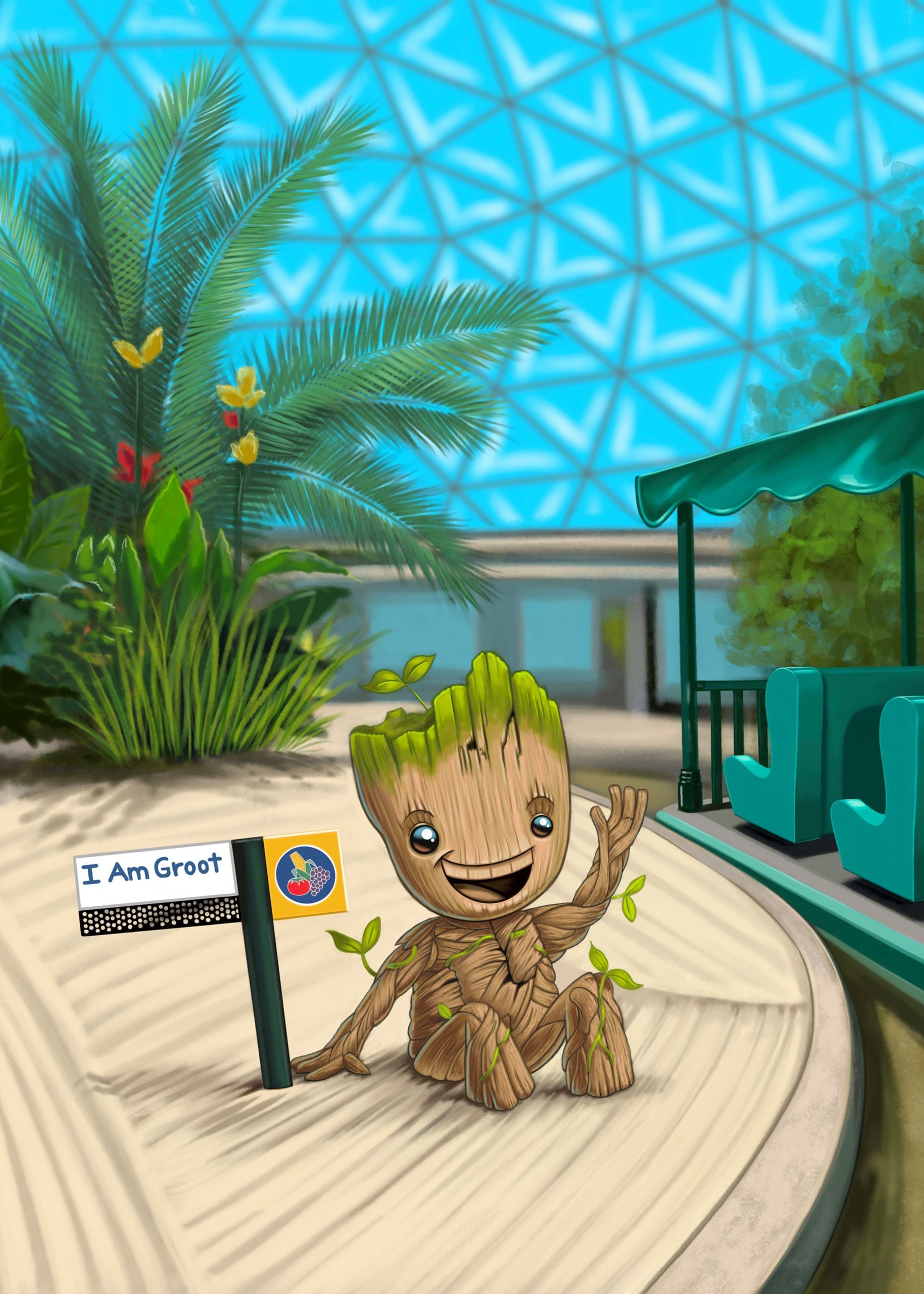 A piece of art depicts Groot from the Guardians of the Galaxy movie series, inside Living with the Land greenhouse