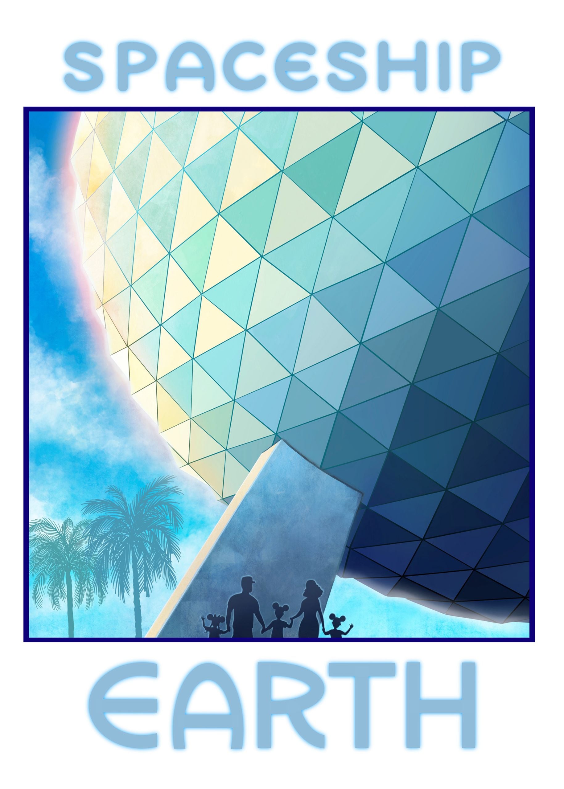 A piece of art depicts a family of 5 in silhouette outside Spaceship Earth at EPCOT