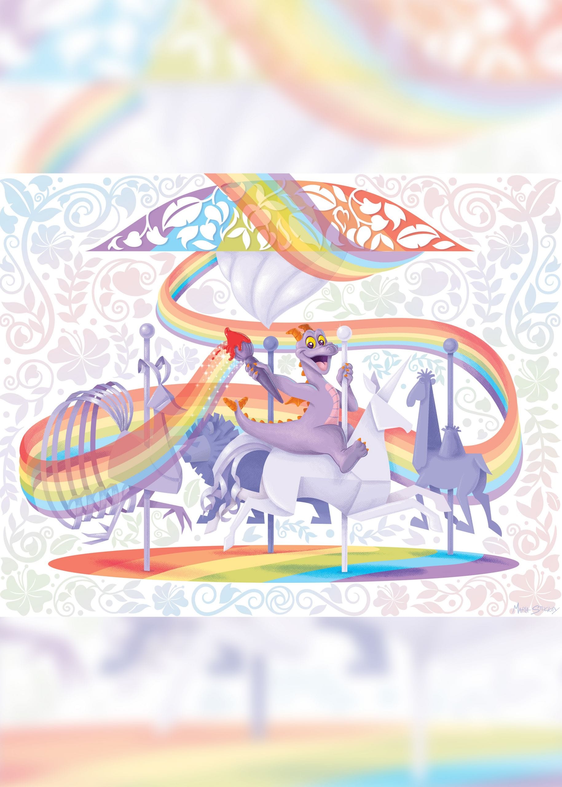 A piece of art depicts Figment the Purple Dragon riding a carrousel