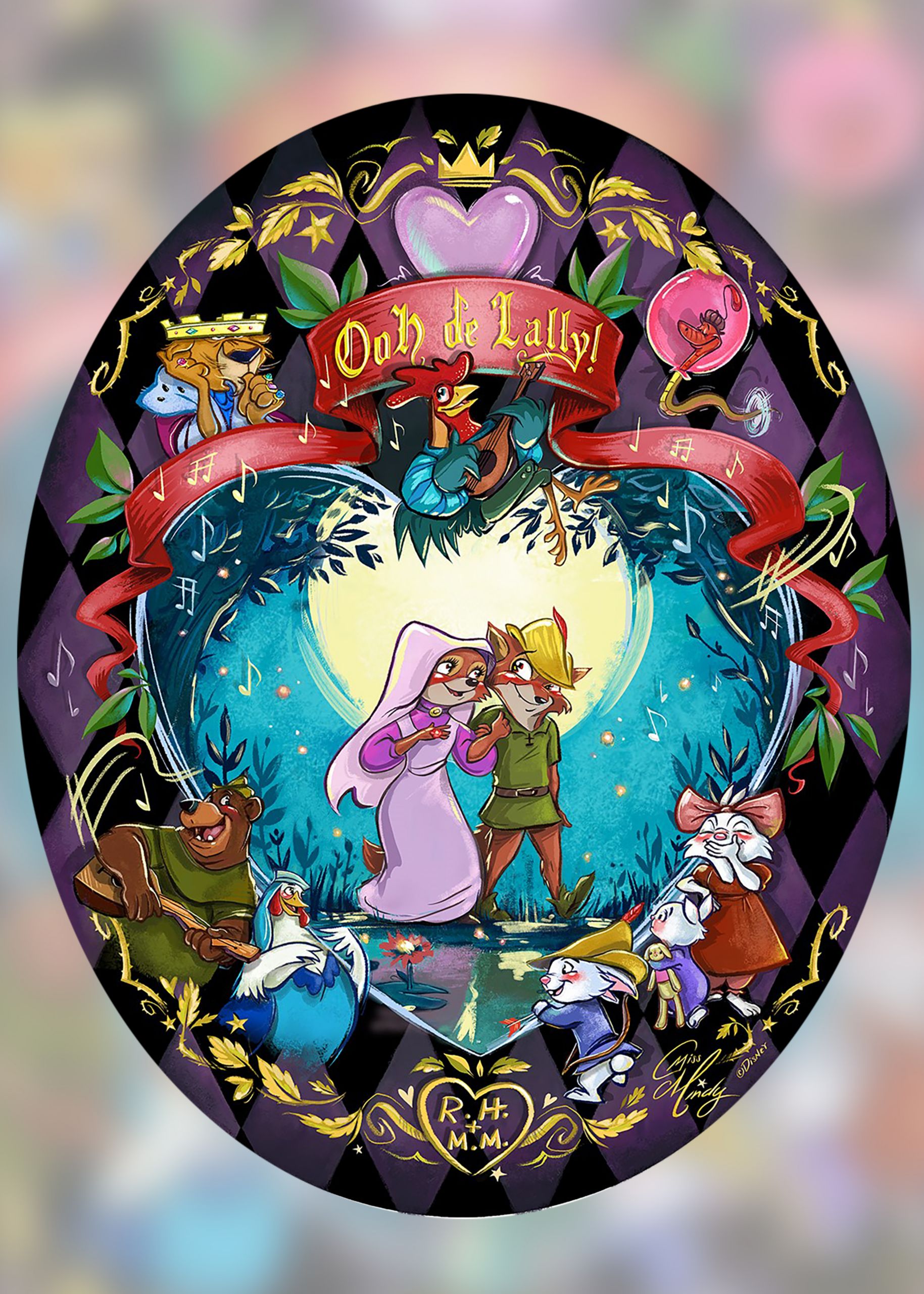 A piece of art depicts Robin Hood, Maid Marian and other characters from the Disney animated film Robin Hood