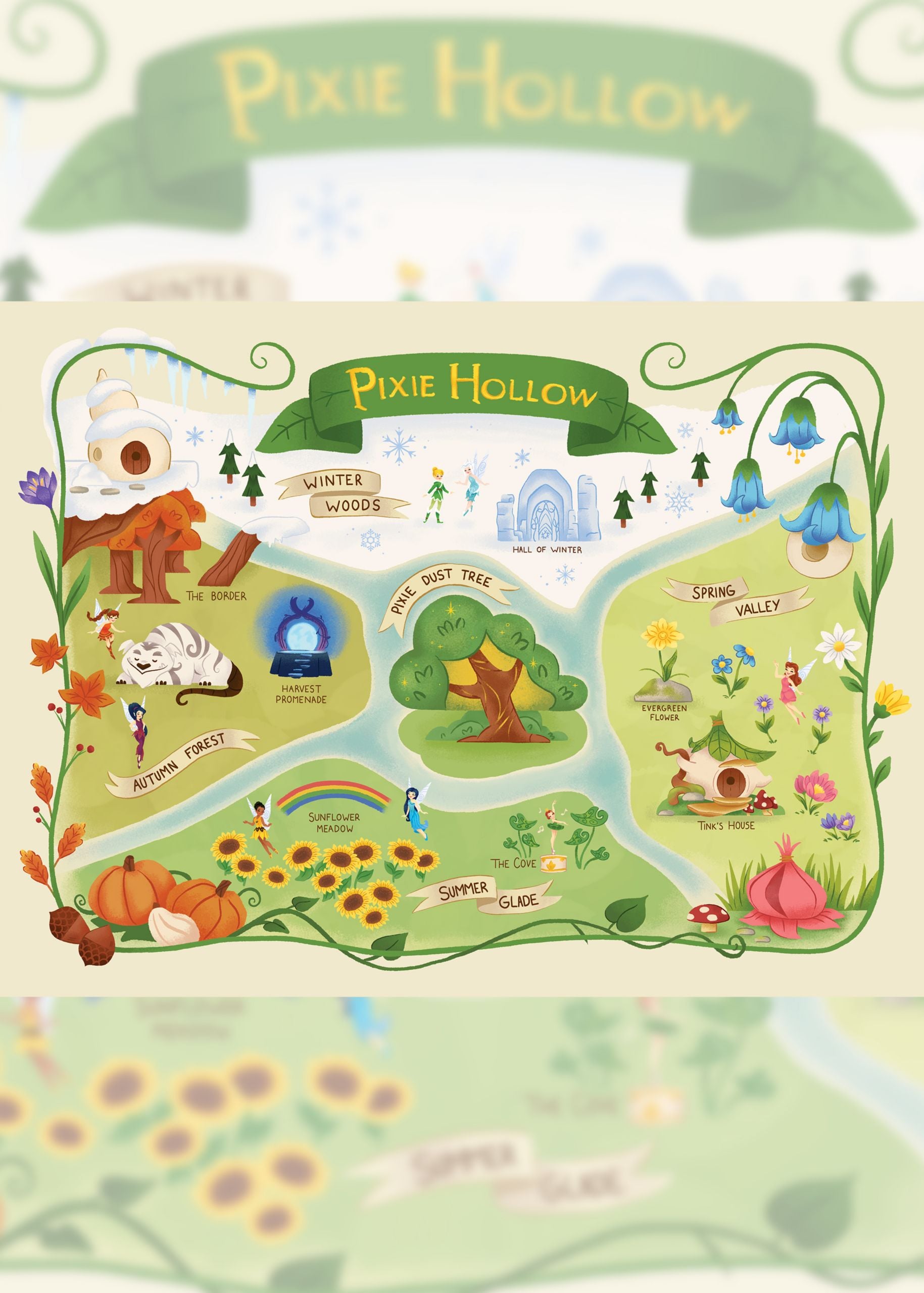A piece of art depicts a map of Pixie Hollow
